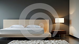 Modern Bedroom Interior Design with Minimal Bed and Stylish Side Table on Dark Gray Wall.