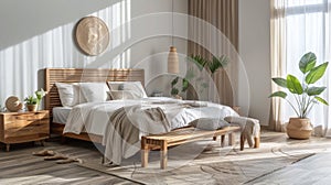 Modern bedroom interior design, room with wood furniture and plants, cozy boho rustic style. Theme of wood home decor, light brown