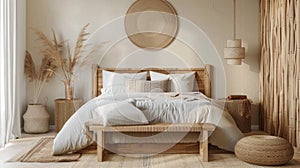 Modern bedroom interior design, room with wood furniture and plants, cozy boho rustic style. Theme of wood home decor