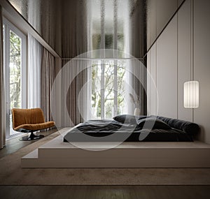 Modern bedroom interior design. Stylish minimalistic bedroom.