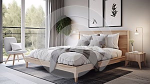 Modern bedroom interior design with white walls, concrete floor, king size bed with wooden tables and lamps. Scandinavian style