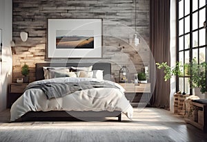 Modern bedroom interior design with wooden bed and poster.