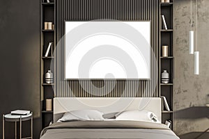 Modern bedroom interior with empty white mock up poster, furniture, shelfves. Design and style concept.
