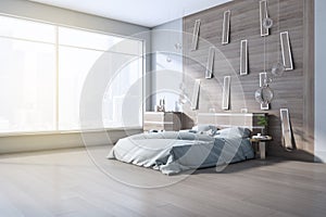 Modern bedroom interior with furniture, wooden flooring and mock up place on bright window.