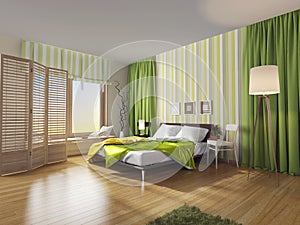 Modern bedroom interior with green curtain