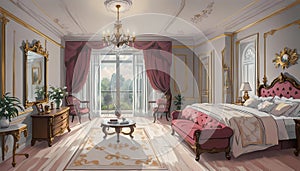 Modern bedroom interior illustration. Generative AI