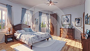 Modern bedroom interior illustration. Generative AI