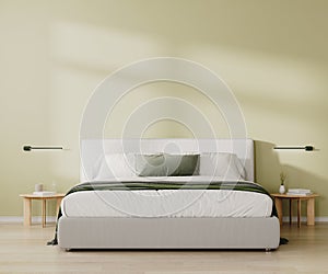 Modern bedroom interior. King size bed with white and green bedding and pillows, light green wall, 3d