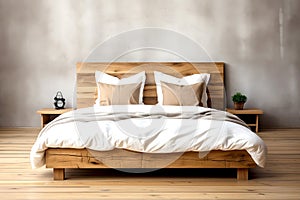 Modern bedroom interior in light natural beige tones. Double bed with a wood headboard. Minimalism style, Scandinavian