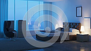 Modern bedroom interior. Night. Evening lighting.