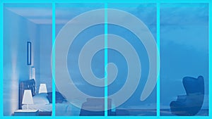 Modern bedroom interior. Night. Evening lighting.