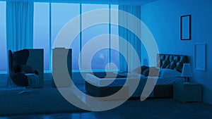 Modern bedroom interior. Night. Evening lighting.