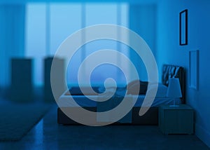 Modern bedroom interior. Night. Evening lighting.