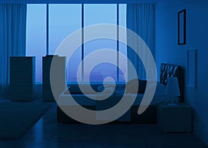 Modern bedroom interior. Night. Evening lighting.