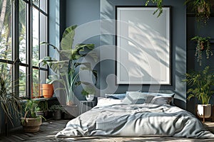 Modern Bedroom Interior with Single Vertical Frame Mockup and Reflective Glass - 3D Render