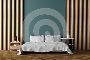 Modern bedroom interior with white sheets and wooden with upright wooden lathes wall decor