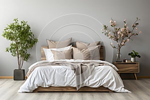 Modern bedroom interior with wooden bed and flower in vase. 3d render. ai generated