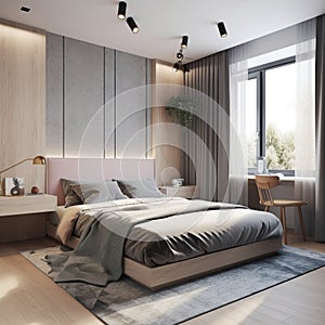 Modern bedroom interior with wooden walls, wooden floor, beige master bed with gray linen and wooden bedside table.