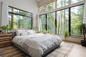 modern bedroom with a large window over viewing forest