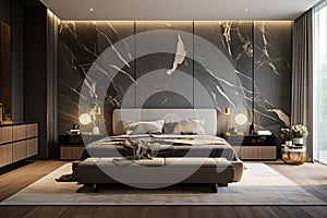 modern bedroom, luxury, small gold accents, calacatta, dark colors