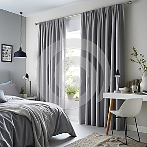 Modern bedroom, miminal interior design, window with simple curtains