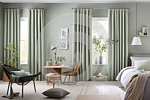 Modern bedroom, miminal interior design, window with simple curtains
