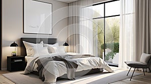 A modern bedroom in a minimalist style, showcasing clean lines and neutral colors.