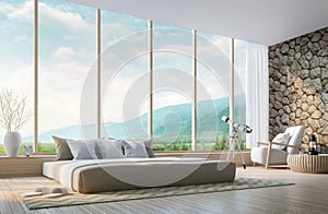 Modern bedroom with mountain view 3d rendering Image