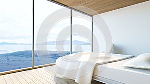 Modern bedroom ocean view / 3d render image
