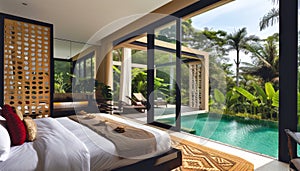 Modern Bedroom Overlooking Jungle Pool.Luxurious bedroom with view to a tropical pool