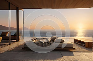Modern bedroom overlooking ocean,image is generated with the use of AI