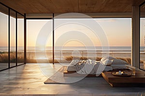 Modern bedroom overlooking ocean,image is generated with the use of AI