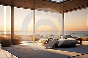 Modern bedroom overlooking ocean,image is generated with the use of AI