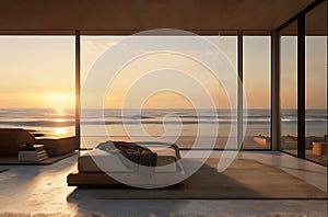 Modern bedroom overlooking ocean,image is generated with the use of AI