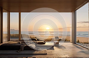 Modern bedroom overlooking ocean,image is generated with the use of AI