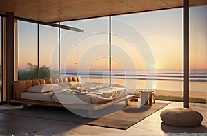 Modern bedroom overlooking ocean,image is generated with the use of AI