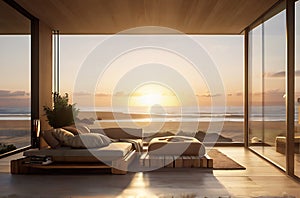 Modern bedroom overlooking ocean,image is generated with the use of AI