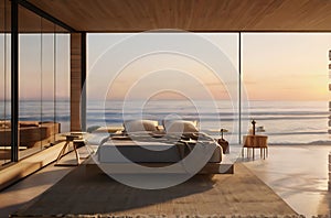 Modern bedroom overlooking ocean,image is generated with the use of AI