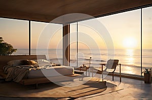 Modern bedroom overlooking ocean,image is generated with the use of AI