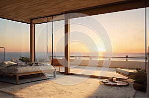 Modern bedroom overlooking ocean,image is generated with the use of AI