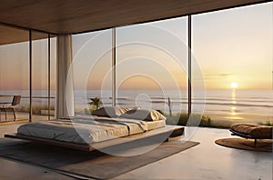 Modern bedroom overlooking ocean,image is generated with the use of AI