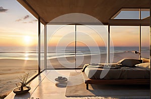 Modern bedroom overlooking ocean,image is generated with the use of AI