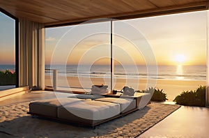 Modern bedroom overlooking ocean,image is generated with the use of AI