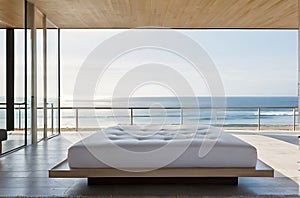 Modern bedroom overlooking ocean,image is generated with the use of AI