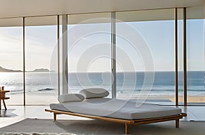 Modern bedroom overlooking ocean,image is generated with the use of AI