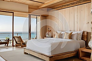 Modern bedroom overlooking ocean,image is generated with the use of AI