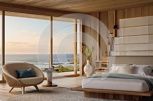 Modern bedroom overlooking ocean,image is generated with the use of AI