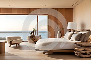 Modern bedroom overlooking ocean,image is generated with the use of AI