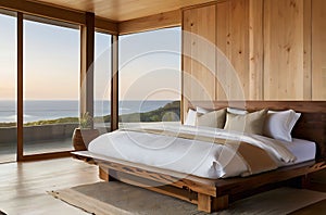 Modern bedroom overlooking ocean,image is generated with the use of AI