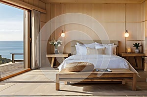 Modern bedroom overlooking ocean,image is generated with the use of AI